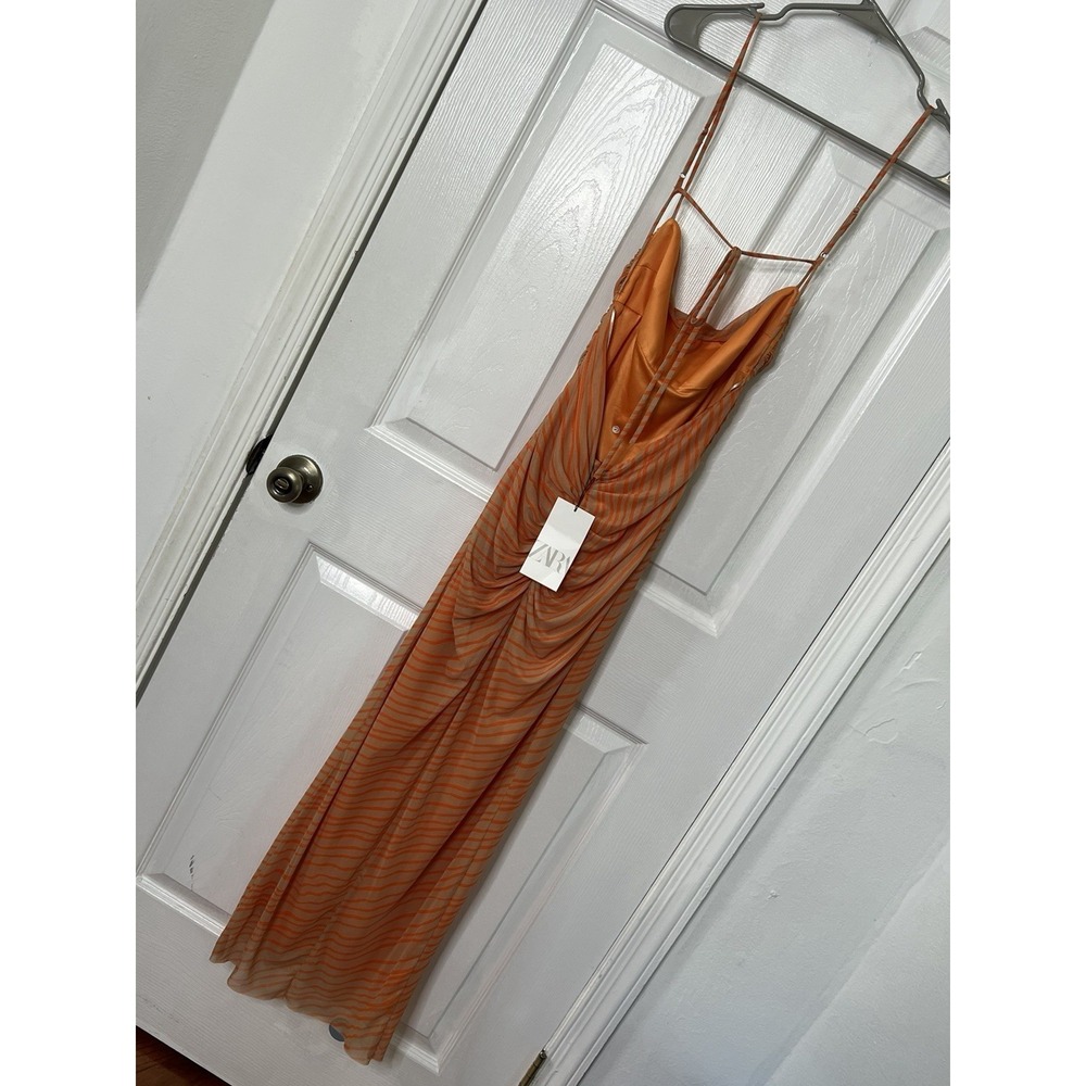 ZARA Orange Striped Mesh Cowl Neck Maxi Dress Sheer Y2K Vacation Resort Party M - Picture 3 of 6